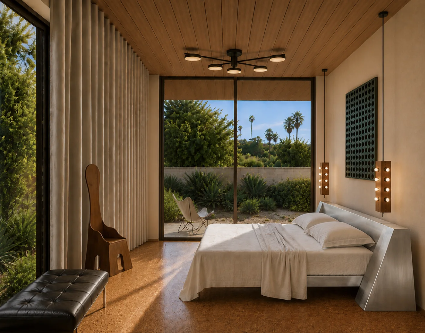 Controlled Olive Way detail showing architectural glazing, veneered ceiling, lighting, and commissioned interior elements
